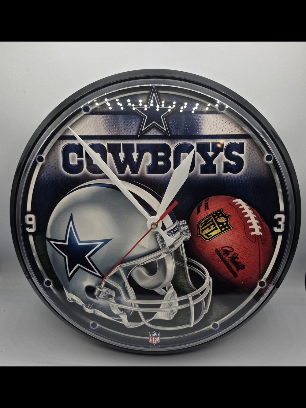 Dallas Cowboys Team Logo Wall Clock - Silver/Blue 12 Inch Round.